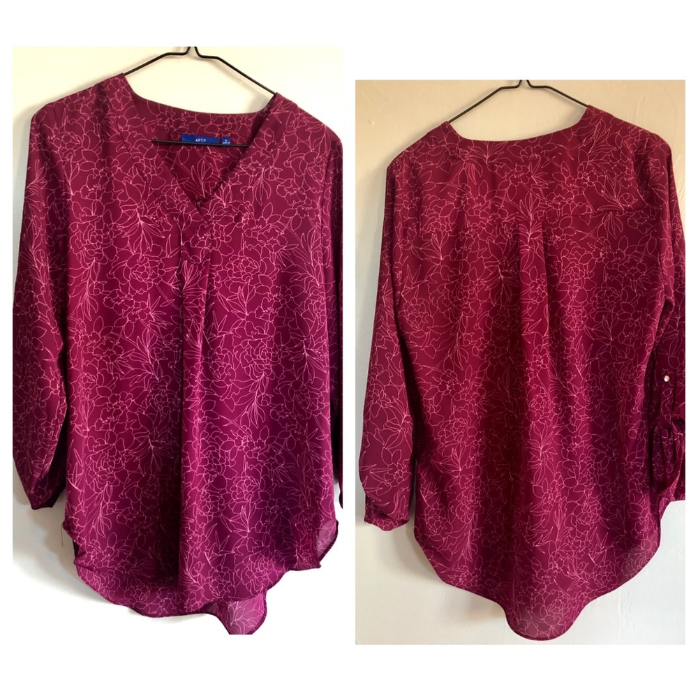 WOMENS BURGUNDY FLORAL V NECK BLOUSE